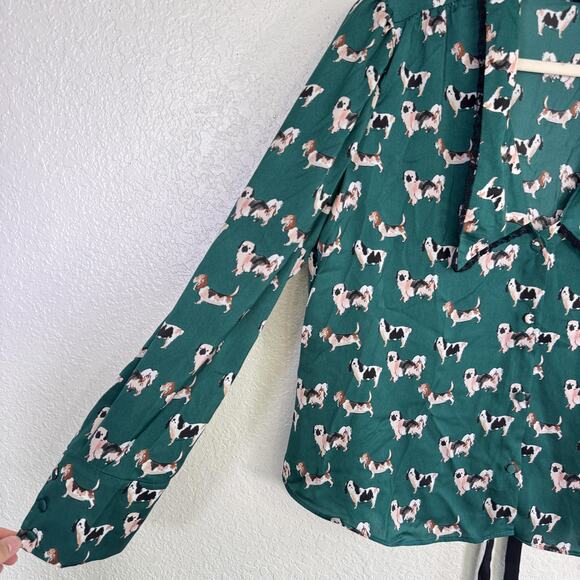 Zara Top Womens XL Dog Print Bow Button Blouse Novelty New Green Blogger Fave - Picture 8 of 13